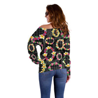Hawaiian Kakau Tattoo Leis and Palaka Pattern Off Shoulder Sweater Traditional Aloha Tribal Black Color LT03 - Polynesian Pride