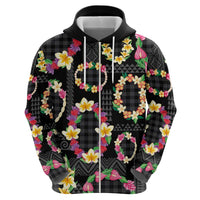 Hawaiian Kakau Tattoo Leis and Palaka Pattern Zip Hoodie Traditional Aloha Tribal Black Color LT03 - Polynesian Pride