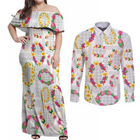 Hawaiian Kakau Tattoo Leis and Palaka Pattern Couples Matching Off Shoulder Maxi Dress and Long Sleeve Button Shirt Traditional Aloha Tribal White Color LT03 White - Polynesian Pride