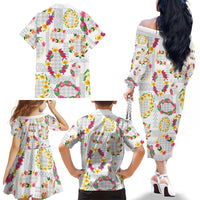 Hawaiian Kakau Tattoo Leis and Palaka Pattern Family Matching Off The Shoulder Long Sleeve Dress and Hawaiian Shirt Traditional Aloha Tribal White Color LT03 - Polynesian Pride