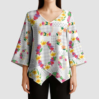 Hawaiian Kakau Tattoo Leis and Palaka Pattern Kimono Sleeve Blouse Traditional Aloha Tribal White Color LT03 - Polynesian Pride