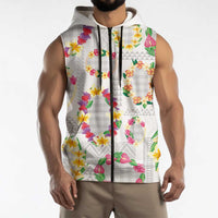 Hawaiian Kakau Tattoo Leis and Palaka Pattern Sleeveless Zip Hoodie Traditional Aloha Tribal White Color LT03 - Polynesian Pride