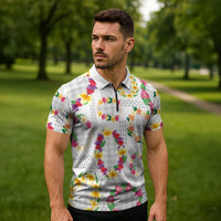 Hawaiian Kakau Tattoo Leis and Palaka Pattern Zipper Polo Shirt Traditional Aloha Tribal White Color LT03 - Polynesian Pride