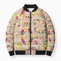 Hawaiian Kakau Tattoo Leis and Palaka Pattern Bomber Puffer Jacket Traditional Aloha Tribal Beige Color LT03 Unisex Beige - Polynesian Pride