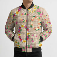 Hawaiian Kakau Tattoo Leis and Palaka Pattern Bomber Puffer Jacket Traditional Aloha Tribal Beige Color LT03 - Polynesian Pride