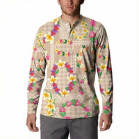 Hawaiian Kakau Tattoo Leis and Palaka Pattern Button Sweatshirt Traditional Aloha Tribal Beige Color LT03 - Polynesian Pride