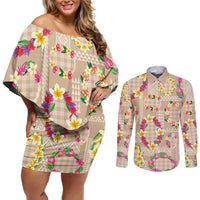 Hawaiian Kakau Tattoo Leis and Palaka Pattern Couples Matching Off Shoulder Short Dress and Long Sleeve Button Shirt Traditional Aloha Tribal Beige Color LT03 Beige - Polynesian Pride