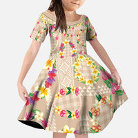 Hawaiian Kakau Tattoo Leis and Palaka Pattern Family Matching Tank Maxi Dress and Hawaiian Shirt Traditional Aloha Tribal Beige Color LT03 Daughter's Dress Beige - Polynesian Pride
