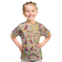 Hawaiian Kakau Tattoo Leis and Palaka Pattern Kid T Shirt Traditional Aloha Tribal Beige Color LT03 Beige - Polynesian Pride
