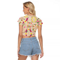 Hawaiian Kakau Tattoo Leis and Palaka Pattern Raglan Cropped T Shirt Traditional Aloha Tribal Beige Color LT03 - Polynesian Pride