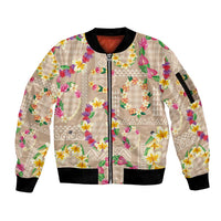Hawaiian Kakau Tattoo Leis and Palaka Pattern Sleeve Zip Bomber Jacket Traditional Aloha Tribal Beige Color LT03 Unisex Beige - Polynesian Pride