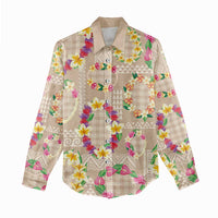 Hawaiian Kakau Tattoo Leis and Palaka Pattern Women Casual Shirt Traditional Aloha Tribal Beige Color LT03 - Polynesian Pride