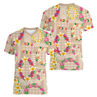 Hawaiian Kakau Tattoo Leis and Palaka Pattern Women V-Neck T-Shirt Traditional Aloha Tribal Beige Color LT03 - Polynesian Pride