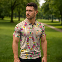 Hawaiian Kakau Tattoo Leis and Palaka Pattern Zipper Polo Shirt Traditional Aloha Tribal Beige Color LT03 - Polynesian Pride