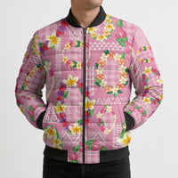 Hawaiian Leis Bomber Puffer Jacket Kakau Tattoos and Palaka Pastel Pink Color LT03 - Polynesian Pride