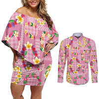 Hawaiian Leis Couples Matching Off Shoulder Short Dress and Long Sleeve Button Shirt Kakau Tattoos and Palaka Pastel Pink Color LT03 Pink - Polynesian Pride