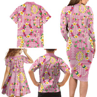 Hawaiian Leis Family Matching Long Sleeve Bodycon Dress and Hawaiian Shirt Kakau Tattoos and Palaka Pastel Pink Color LT03 - Polynesian Pride