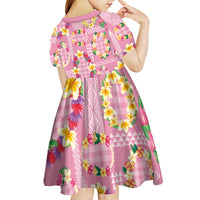 Hawaiian Leis Kid Short Sleeve Dress Kakau Tattoos and Palaka Pastel Pink Color LT03 - Polynesian Pride