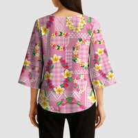 Hawaiian Leis Kimono Sleeve Blouse Kakau Tattoos and Palaka Pastel Pink Color LT03 - Polynesian Pride