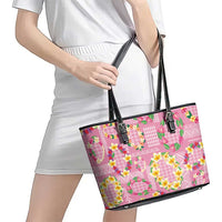 Hawaiian Leis Leather Tote Bag Kakau Tattoos and Palaka Pastel Pink Color LT03 - Polynesian Pride