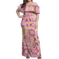 Hawaiian Leis Off Shoulder Maxi Dress Kakau Tattoos and Palaka Pastel Pink Color LT03 Women Pink - Polynesian Pride