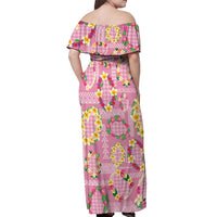 Hawaiian Leis Off Shoulder Maxi Dress Kakau Tattoos and Palaka Pastel Pink Color LT03 - Polynesian Pride