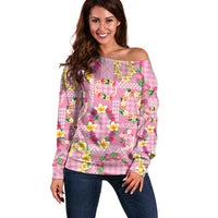 Hawaiian Leis Off Shoulder Sweater Kakau Tattoos and Palaka Pastel Pink Color LT03 Women Pink - Polynesian Pride