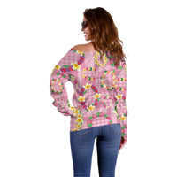 Hawaiian Leis Off Shoulder Sweater Kakau Tattoos and Palaka Pastel Pink Color LT03 - Polynesian Pride