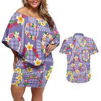Hawaiian Leis Couples Matching Off Shoulder Short Dress and Hawaiian Shirt Kakau Tattoos and Palaka Pastel Purple Color LT03 Purple - Polynesian Pride