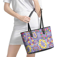 Hawaiian Leis Leather Tote Bag Kakau Tattoos and Palaka Pastel Purple Color LT03 - Polynesian Pride