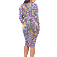 Hawaiian Leis Long Sleeve Bodycon Dress Kakau Tattoos and Palaka Pastel Purple Color LT03 - Polynesian Pride