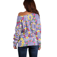 Hawaiian Leis Off Shoulder Sweater Kakau Tattoos and Palaka Pastel Purple Color LT03 - Polynesian Pride