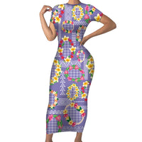 Hawaiian Leis Short Sleeve Bodycon Dress Kakau Tattoos and Palaka Pastel Purple Color LT03 Long Dress Purple - Polynesian Pride