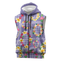 Hawaiian Leis Sleeveless Zip Hoodie Kakau Tattoos and Palaka Pastel Purple Color LT03 Purple - Polynesian Pride