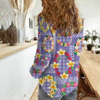 Hawaiian Leis Women Casual Shirt Kakau Tattoos and Palaka Pastel Purple Color LT03 - Polynesian Pride