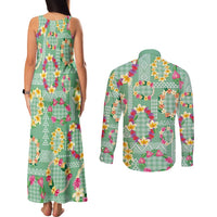 Hawaiian Leis Couples Matching Tank Maxi Dress and Long Sleeve Button Shirt Kakau Tattoos and Palaka Pastel Green Color LT03 - Polynesian Pride