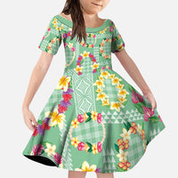 Hawaiian Leis Family Matching Mermaid Dress and Hawaiian Shirt Kakau Tattoos and Palaka Pastel Green Color LT03 Daughter's Dress Green - Polynesian Pride