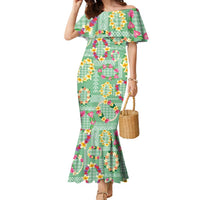 Hawaiian Leis Family Matching Mermaid Dress and Hawaiian Shirt Kakau Tattoos and Palaka Pastel Green Color LT03 Mom's Dress Green - Polynesian Pride