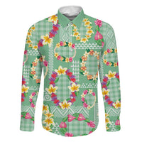 Hawaiian Leis Family Matching Tank Maxi Dress and Hawaiian Shirt Kakau Tattoos and Palaka Pastel Green Color LT03 Dad's Shirt - Long Sleeve Green - Polynesian Pride