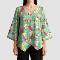 Hawaiian Leis Kimono Sleeve Blouse Kakau Tattoos and Palaka Pastel Green Color LT03 - Polynesian Pride