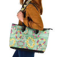 Hawaiian Leis Leather Tote Bag Kakau Tattoos and Palaka Pastel Green Color LT03 Green - Polynesian Pride