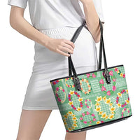 Hawaiian Leis Leather Tote Bag Kakau Tattoos and Palaka Pastel Green Color LT03 - Polynesian Pride