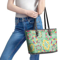 Hawaiian Leis Leather Tote Bag Kakau Tattoos and Palaka Pastel Green Color LT03 - Polynesian Pride