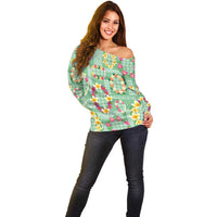 Hawaiian Leis Off Shoulder Sweater Kakau Tattoos and Palaka Pastel Green Color LT03 - Polynesian Pride