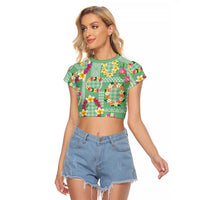 Hawaiian Leis Raglan Cropped T Shirt Kakau Tattoos and Palaka Pastel Green Color LT03 Female Green - Polynesian Pride