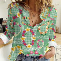Hawaiian Leis Women Casual Shirt Kakau Tattoos and Palaka Pastel Green Color LT03 Female Green - Polynesian Pride