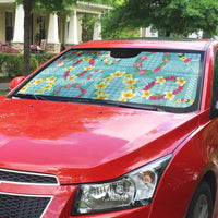 Hawaiian Leis Auto Sun Shade Kakau Tattoos and Palaka Pastel Teal Color