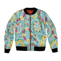 Hawaiian Leis Bomber Jacket Kakau Tattoos and Palaka Pastel Teal Color LT03 Unisex Teal - Polynesian Pride