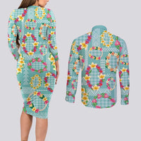 Hawaiian Leis Couples Matching Long Sleeve Bodycon Dress and Long Sleeve Button Shirt Kakau Tattoos and Palaka Pastel Teal Color