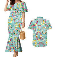 Hawaiian Leis Couples Matching Mermaid Dress and Hawaiian Shirt Kakau Tattoos and Palaka Pastel Teal Color